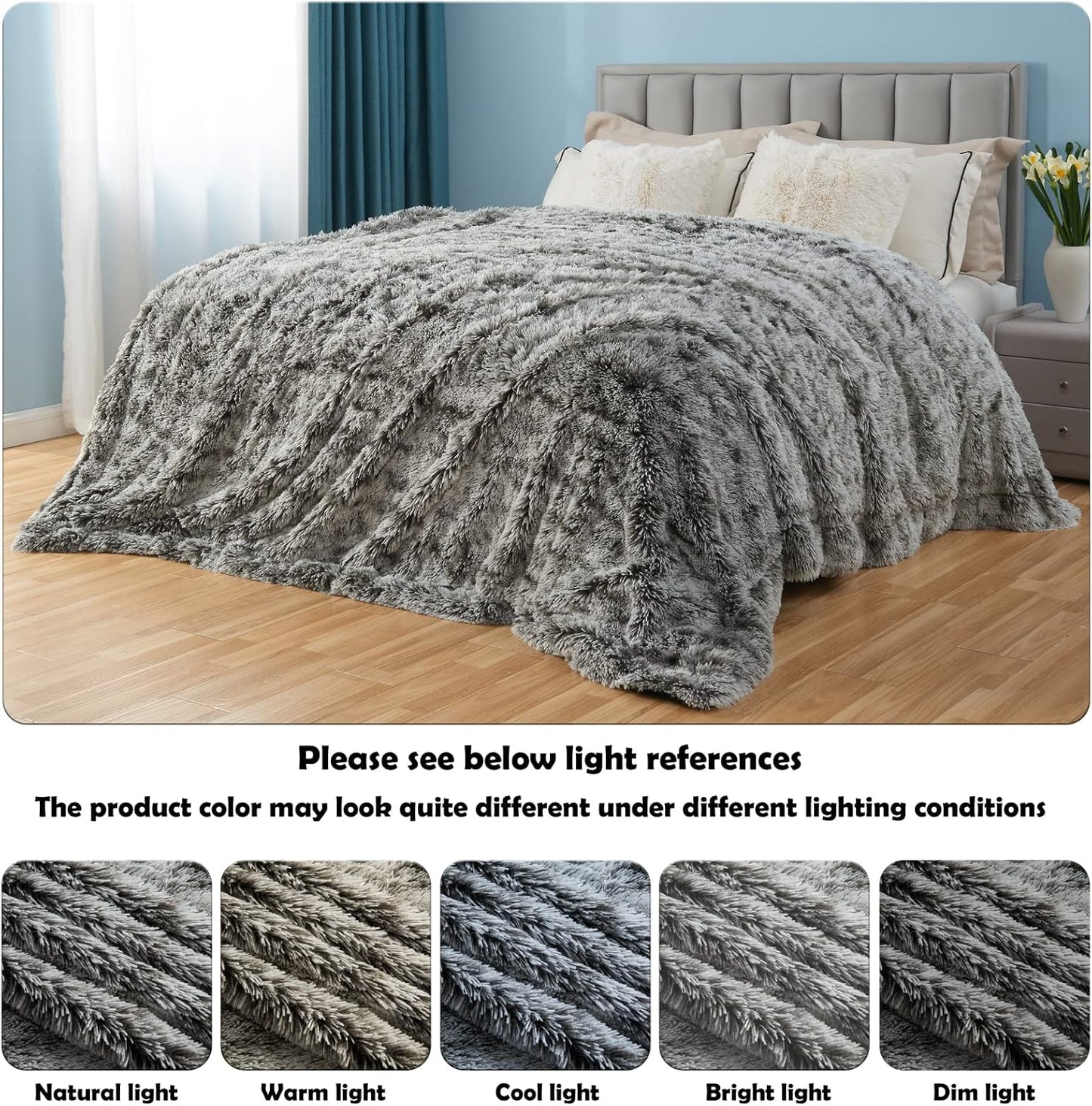 GONAAP Fuzzy Faux Fur Throw Blanket Queen Size Frosty Black Super Soft Cozy Plush Fuzzy Shaggy Blanket for Couch Sofa Bed (Frosty Black, Queen(90"x90"))