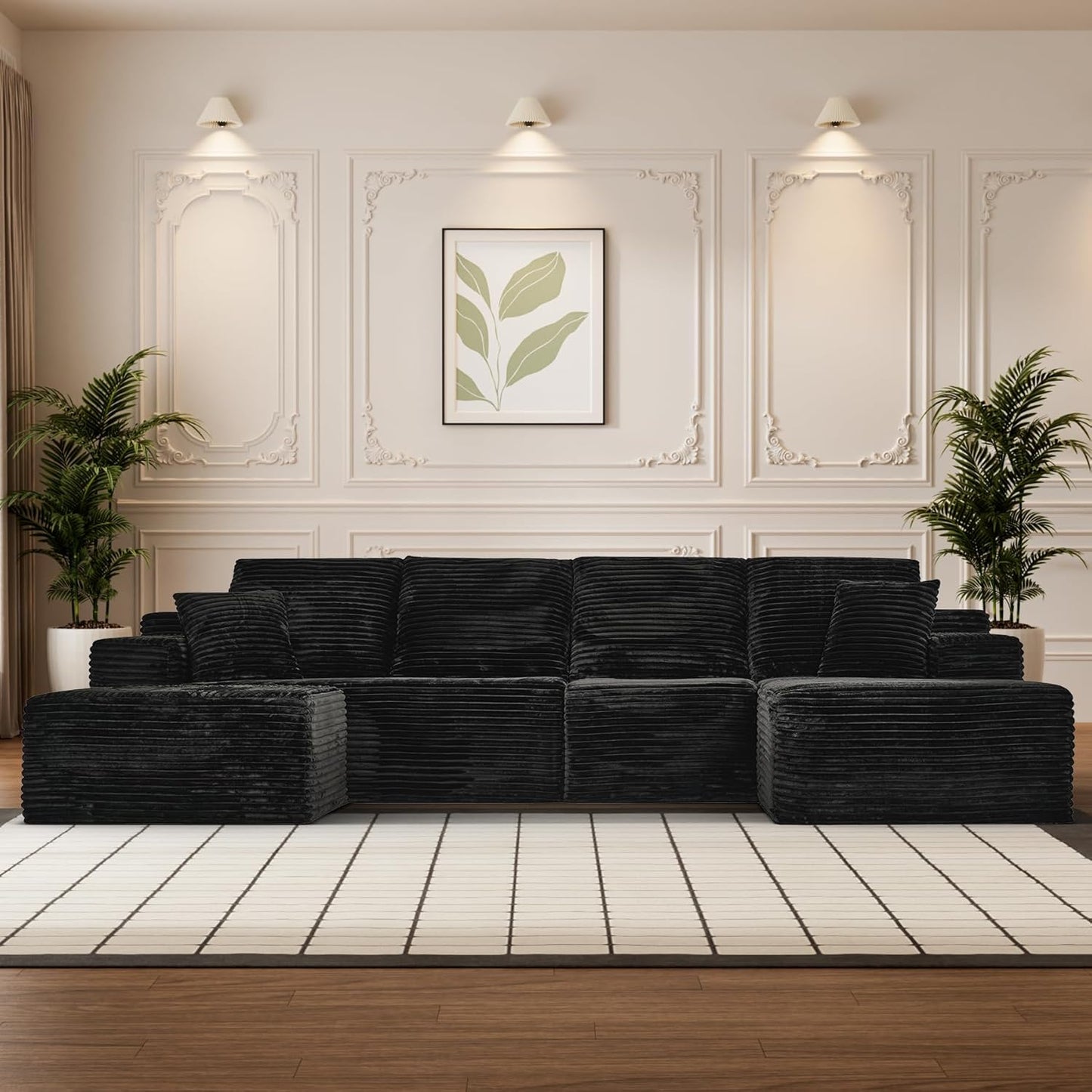 Modular Sectional Sofa Cloud Sectional Couch, 135" Comfy Fluffy U Shaped Black Couches for Living Room, Deep Seat Memory Foam Plush Corduroy Boneless Couch Sectionals with Right Facing Chaise Sofa