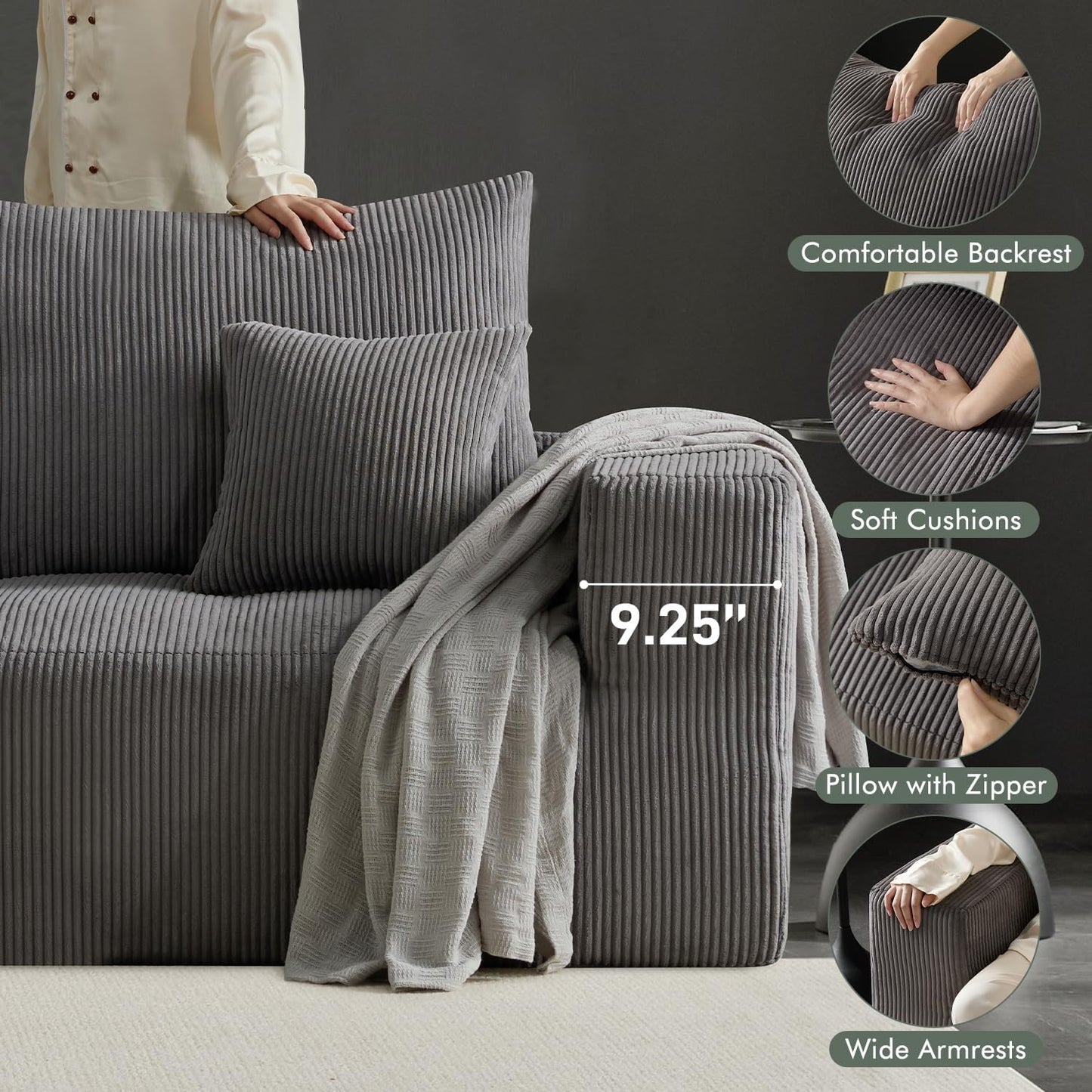 Boneless Sectional Cloud Couch Sofa for Living Room, 112" L-Shaped Modular Modern Lounge Sleeper Grey Couches with Chaise, No Assemble, Cordury Compression Upholstered Sofas