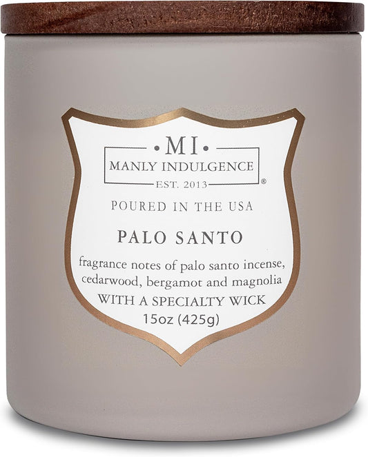 Manly Indulgence Palo Santo Scented Candles for Men, 15 oz Wooden Wick, Premium Soy Blend Wax, 60H Burn, Candles for Home Scented - Made in The USA