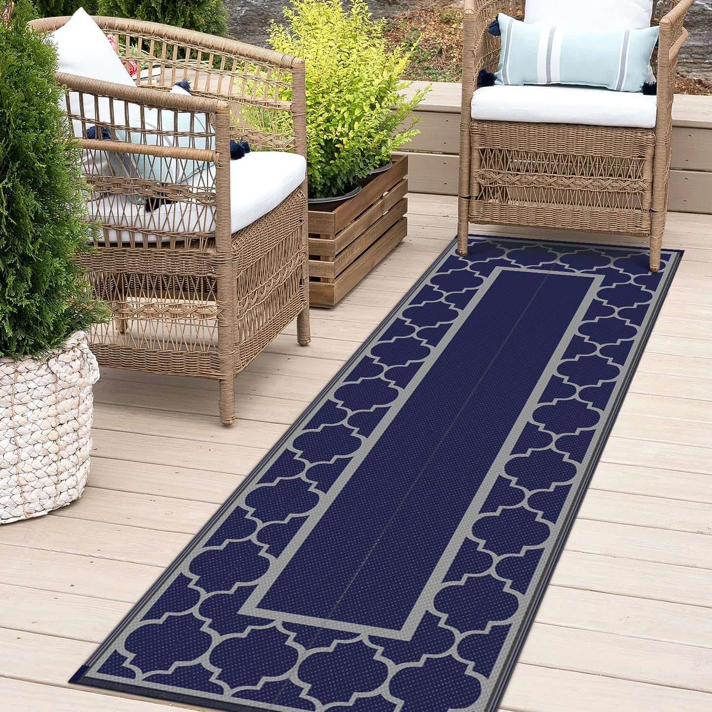 GENIMO 2.5 ' x 8 ' Outdoor Rug for Porch Patio Clearance, Waterproof Indoor Outdoor Plastic Straw Rugs Carpet, Reversible Outside Area Rv Mat for Camping, Balcony, Deck, Picnic, Beach (Blue & Gray)