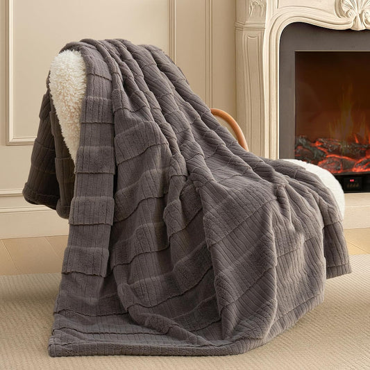 Amélie Home Luxury Striped Faux Fur Throw Blanket for Couch, Embossed Split Fur Cozy Fuzzy Fluffy Luxurious Soft Plush Sofa Chair Bed Gift Blankets for Women Men Wife Friend, 88"x90", Charcoal Gray