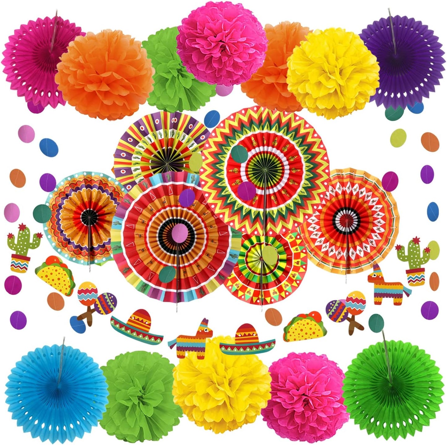 ZERODECO Fiesta Mexican Party Decorations, 21 Pcs Multi-color Paper Fans, Pom Poms Flowers for Cinco De Mayo Taco Themed Birthday Party Supplies