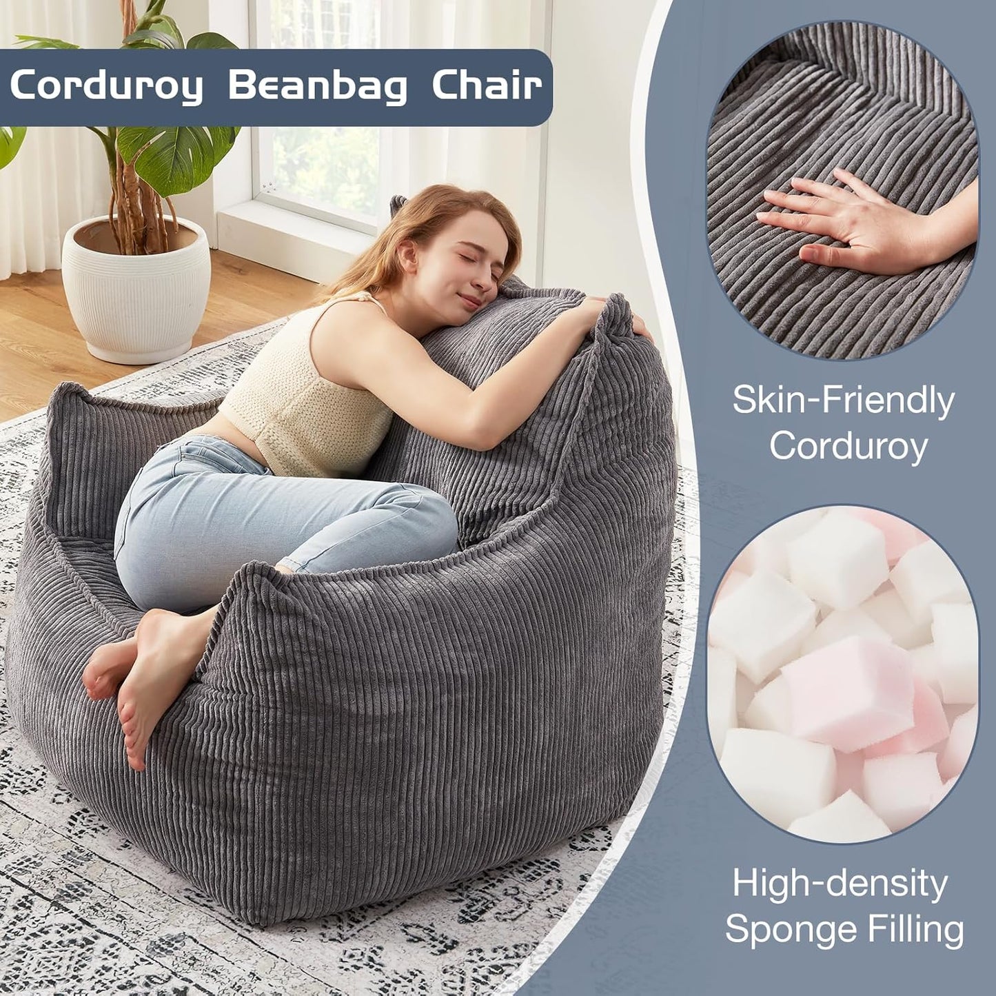 Giant Bean Bag Chair Sofa for Adults Teens, Comfy Corduroy Large Bean Bag Chairs with Armrests for Bedroom Living Room, Adult BeanBag Lazy Sofa Couch Chairs with Filler Included
