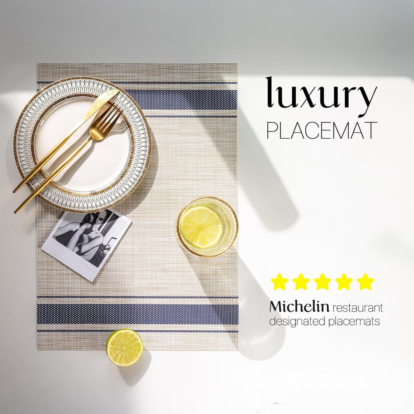 LEXMORE Placemats Set of 6 Vinyl/Plastic Woven Place Mats for Kitchen Table Indoor/Outdoor Washable Placemat Wipeable Dining Table Mats(Blue Skyline)