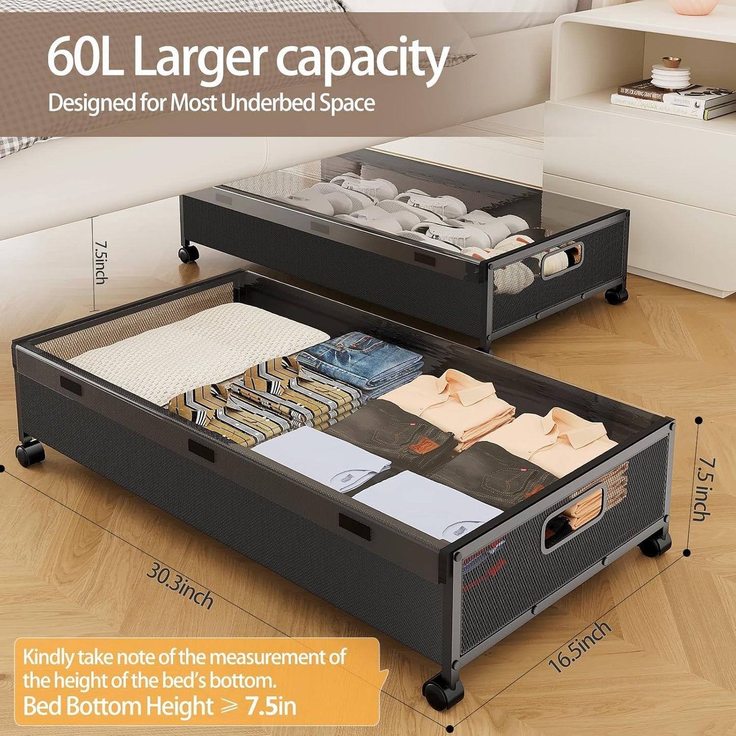 Under Bed Storage Containers with Wheels, Underbed Shoe Storage Organizer with Removable Lids, Large Rolling Under Bed Storage Dresser Drawers for Clothes Toys Shoes Blankets