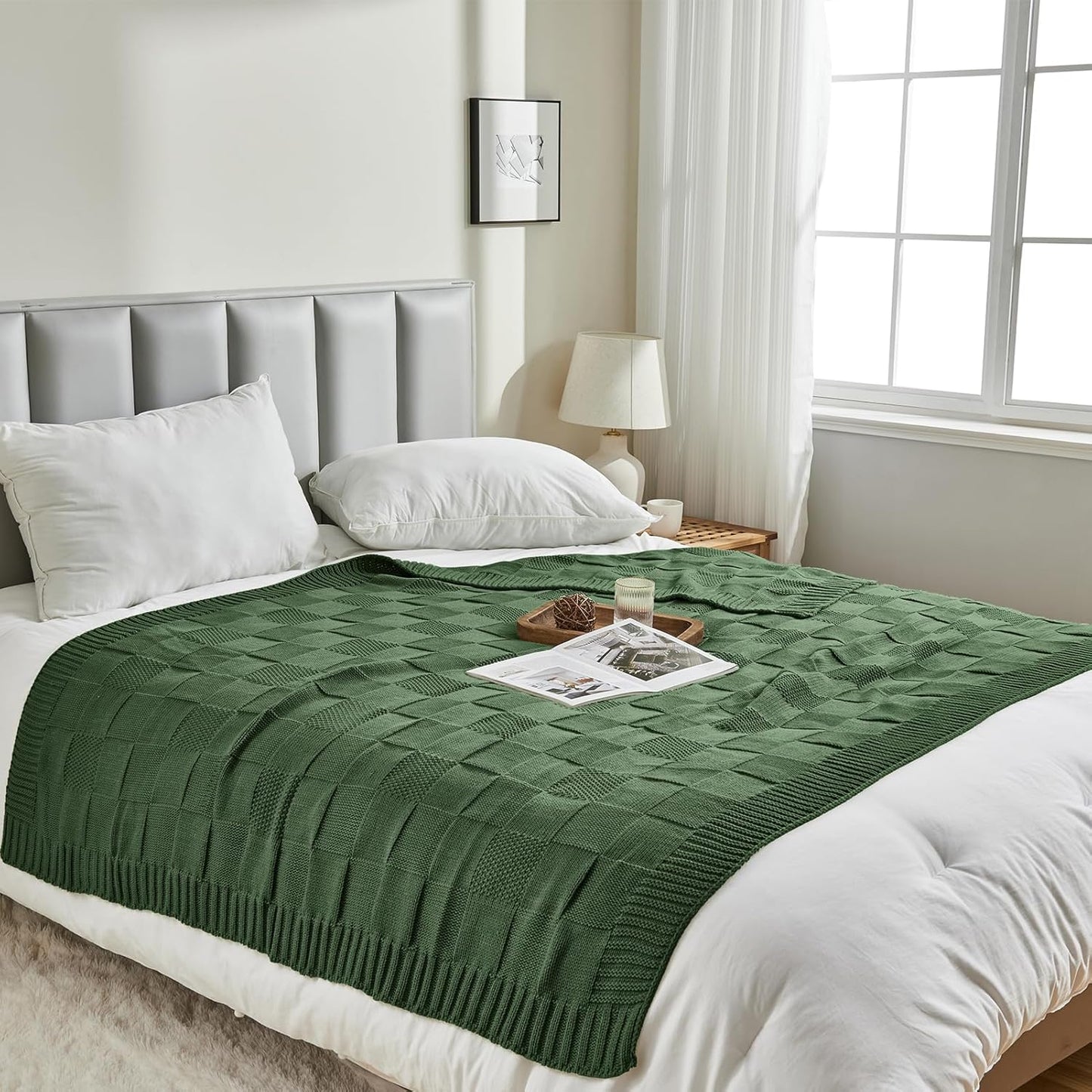 CozeCube Knit Throw Blanket,Christmas Green Checkered Bedroom Blanket for Couch,Soft Cozy Warm Knitted Blanket for Bed Sofa Living Room,Decorative Spring Fall Throw Blanket 60"X80",Christmas Green