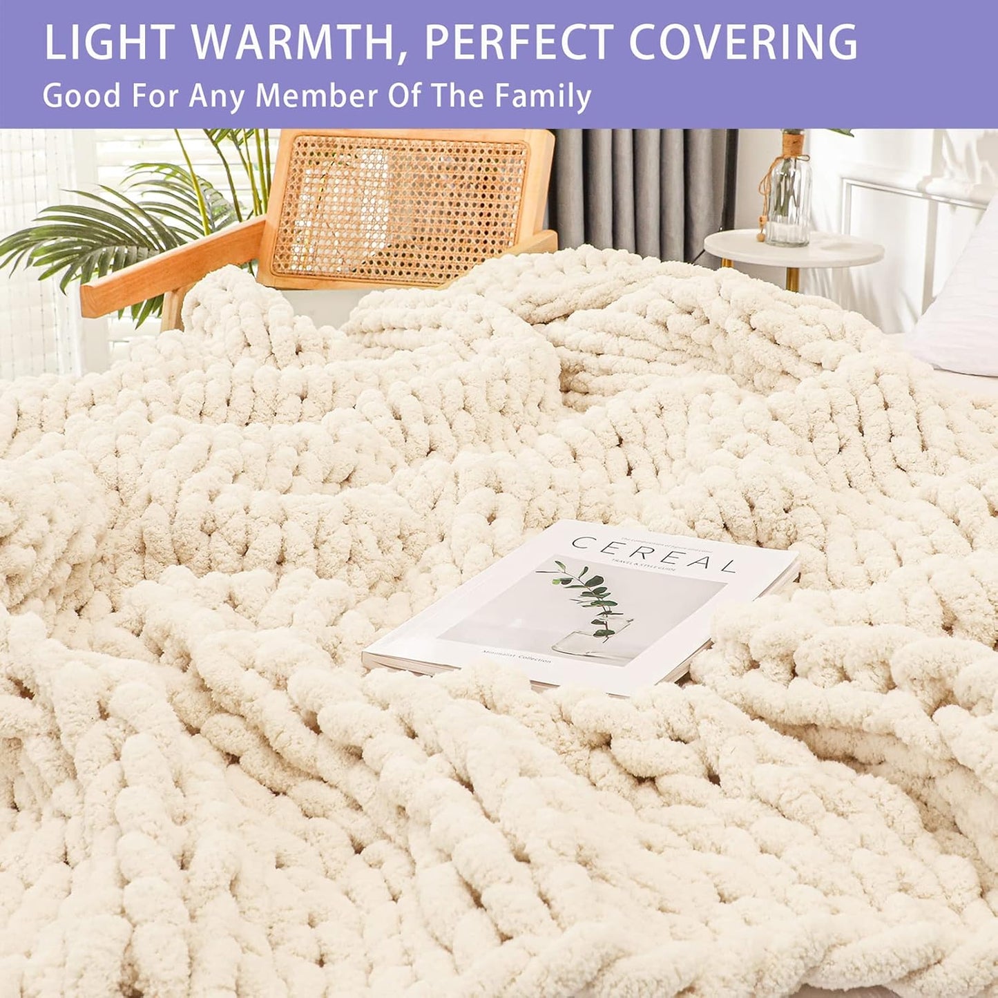 Bigacogo Chunky Knit Throw Blanket for Couch, 60x80 inches, 100% Hand Knitted with Thick Jumbo Chenille Yarn, Cozy Soft Large Rope Knot Cable Crochet Blankets for Sofa Bed Living Room, Beige