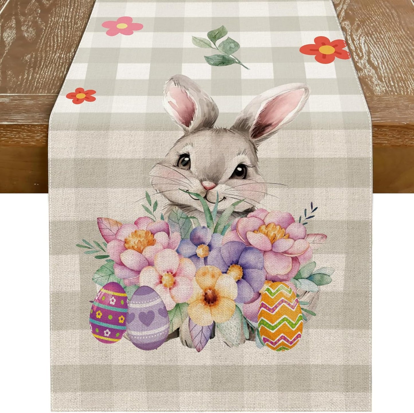 Easter Table Runner 13x72 Inch Bunny Rabbit Flowers Leaves Buffalo Plaid Eggs Seasonal Holiday Kitchen Dining Table Decoration for Indoor Kitchen Dining Home Party Decor