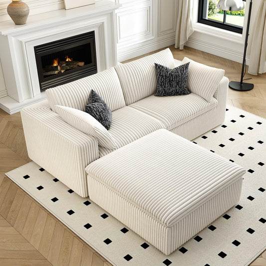 LoveSeat Cloud Couch Modular Sectional Sofa for Living Room,Modern Sofa with Deep Seat，2 Seater Boneless Couch with Ottoman,Comfy Upholstered Couches for Apartment, Studio, Office,Bedroom，White