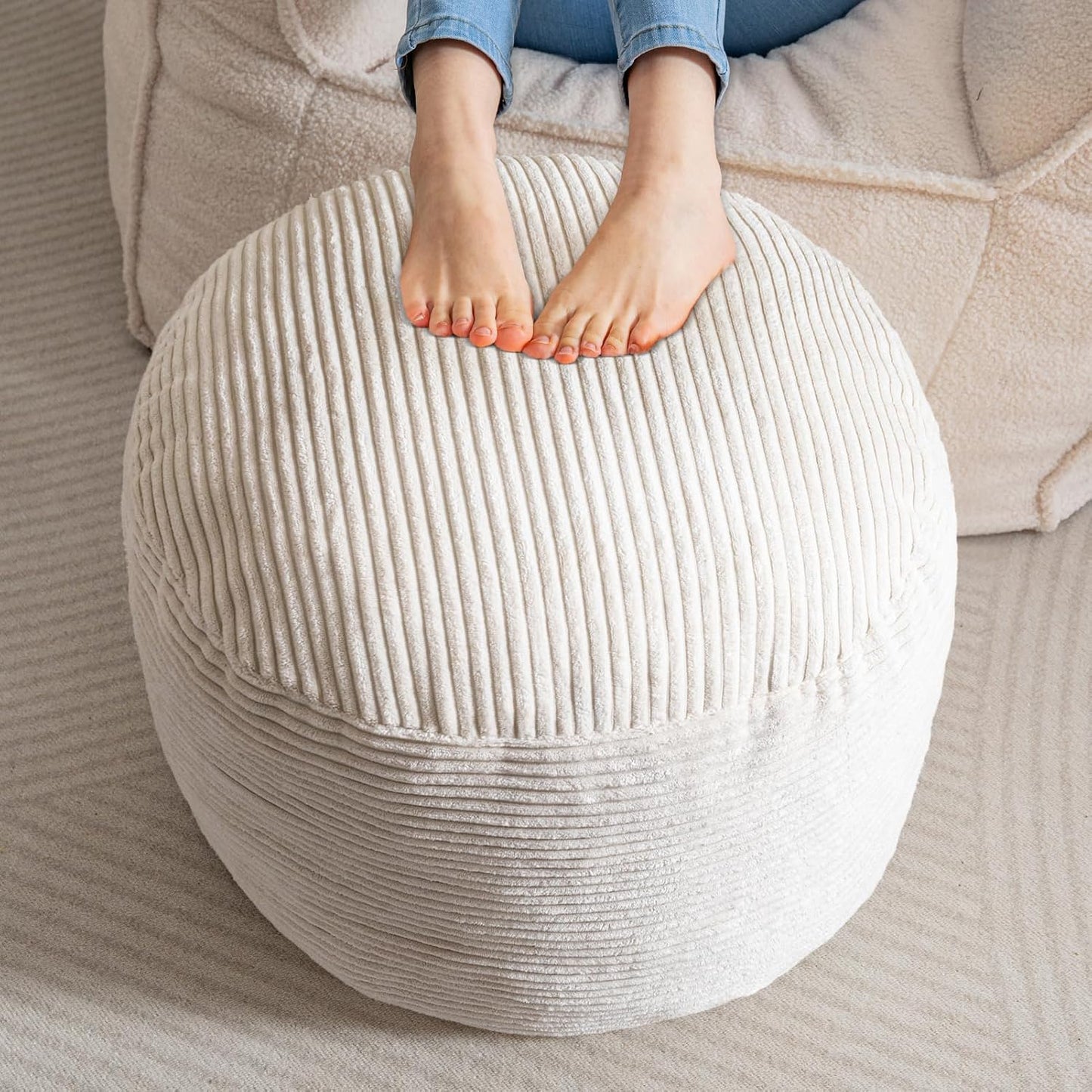 HIGOGOGO Round Stuffed Pouf Ottoman, Corduroy Poufs with Foam Chunk Filling, Furry and Fluffy Pouf Foot Stool Storage Ottoman, 20 X 15 Floor Poufs Foot Rest for Living Room, Beige