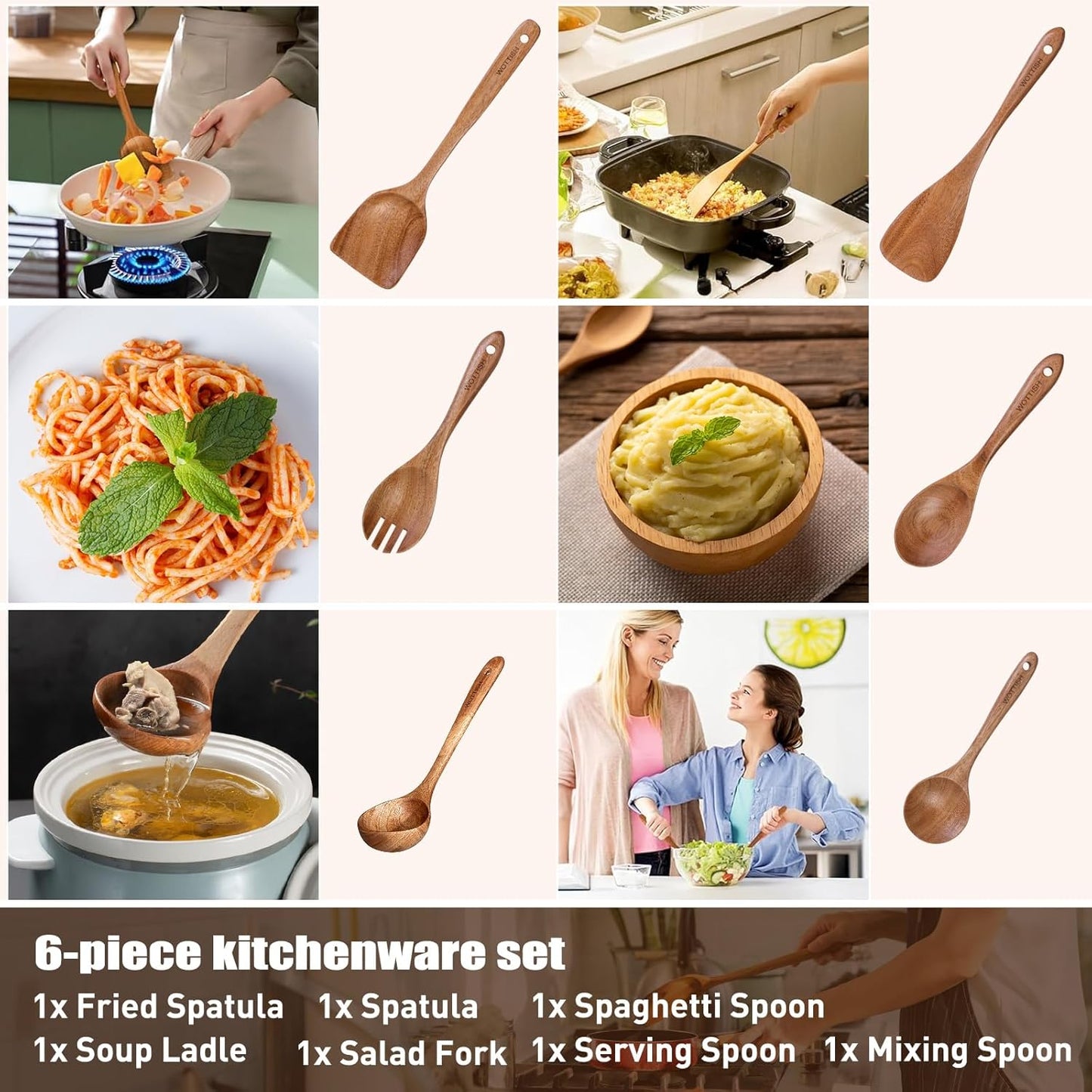 Wooden Spoons - Wooden Spoons for Cooking,Natural Wooden Kitchen Utensils Set Non Toxic,6-Piece Wooden Cooking Utensils(A06)