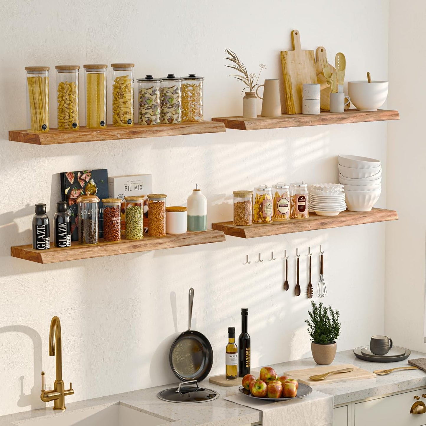 48 Inch Floating Shelves for Wall, Rustic Live Edge Elm Wood Shelf, Heavy-Duty Deep Floating Shelf for Home Decor, Wall Mounted Storage Shelves for Books, Bathroom, and Kitchen, Natural Finish