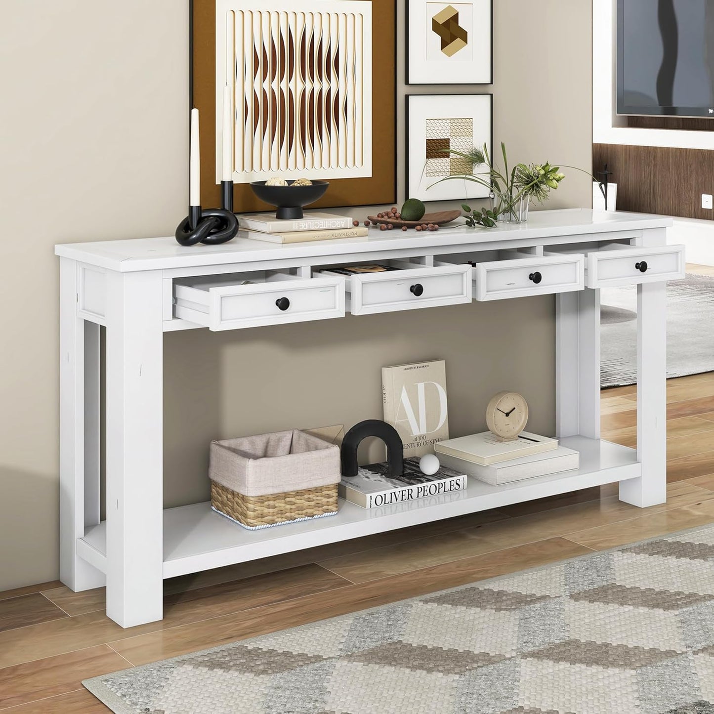 White Console Table,Solid Wood Sofa Table with 4 Drawers Hallway Table for Storage Entry Foyer Behind Couch Table,Fully Assembled (63" White)