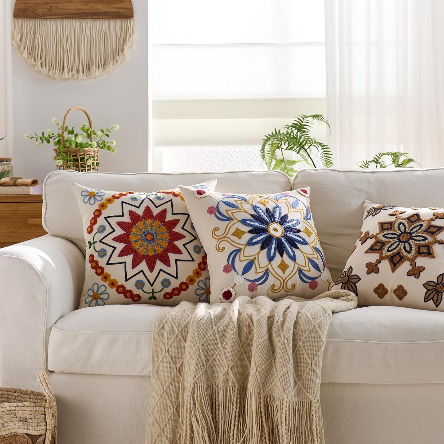 Embroidered Throw Pillow Cover 18x18 Classic Fall Boho Floral Pattern Pillows Cover Outdoor Decorative Pillowcase,Durable Cozy Textured Cushion Case for Sofa Couch Bed Living Room,Orange