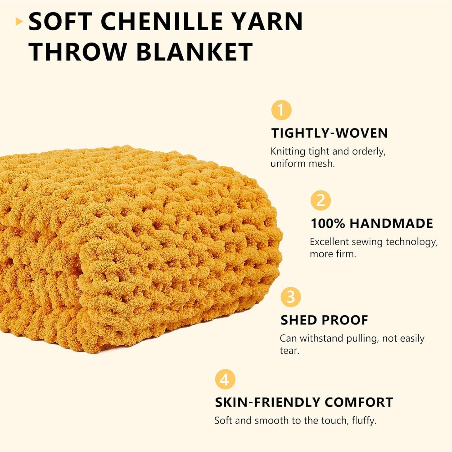L'AGRATY Chunky Knit Blanket Throw: 80''x90'' Chenille Chunky Knitted Throw Blanket for Bed Couch - Handmade Thick Big Cable Knit Blanket - Large Chunky Crochet Rope Blanket for Home Decor(Yellow)