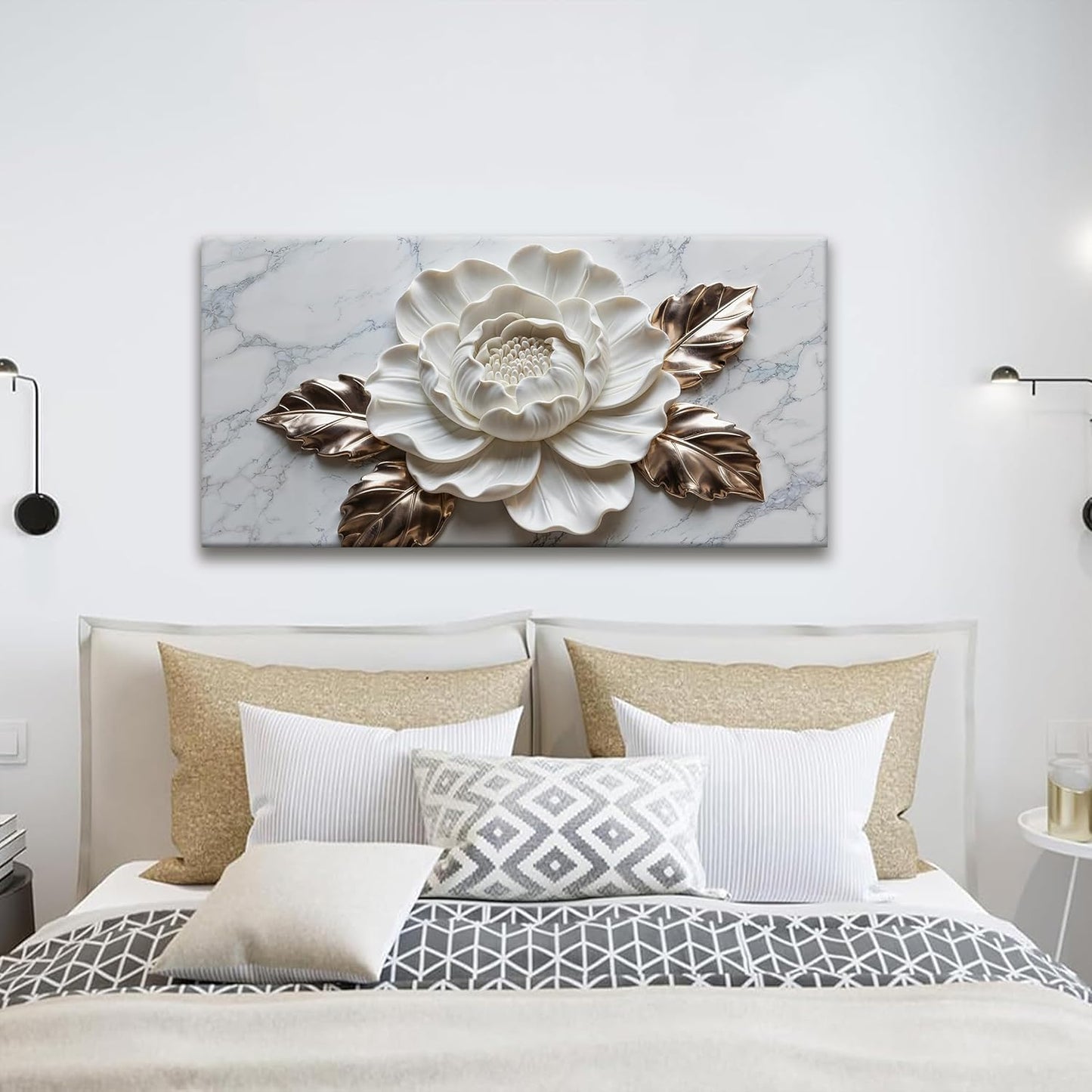 Suconvng Canvas Art Wall Decor Print Paintings Marble Texture White Flower Wall Art Prints Pictures Ready To Hang Pictures For Bedroom Bathroom Office Kitchen Home Wall Decor Artwork 20" × 40"