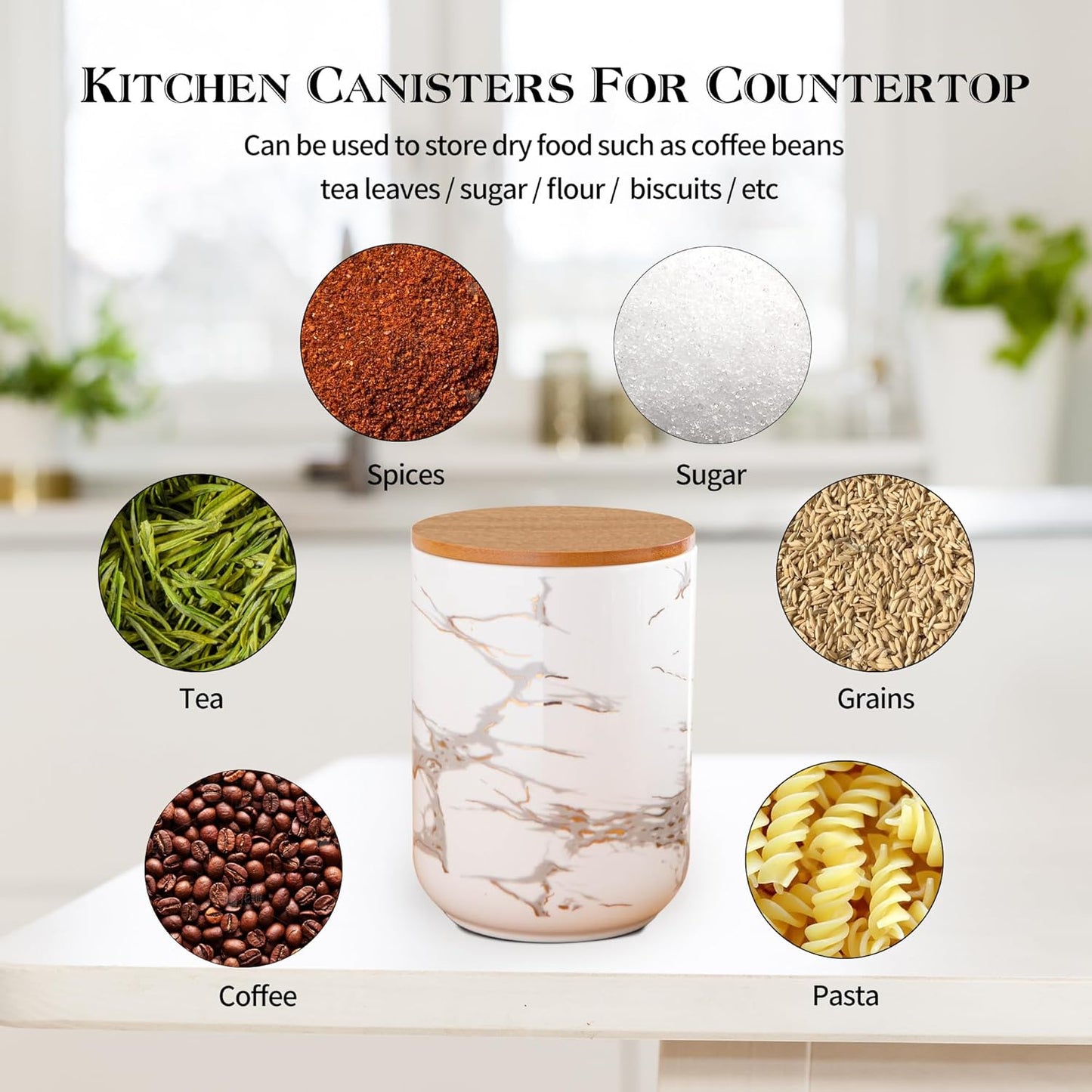 White Ceramic Canister Set with Wooden Lid, 3-Piece Food Storage Jars for Kitchen Counter, Storage Container for Sugar, Coffee, Tea, Spice