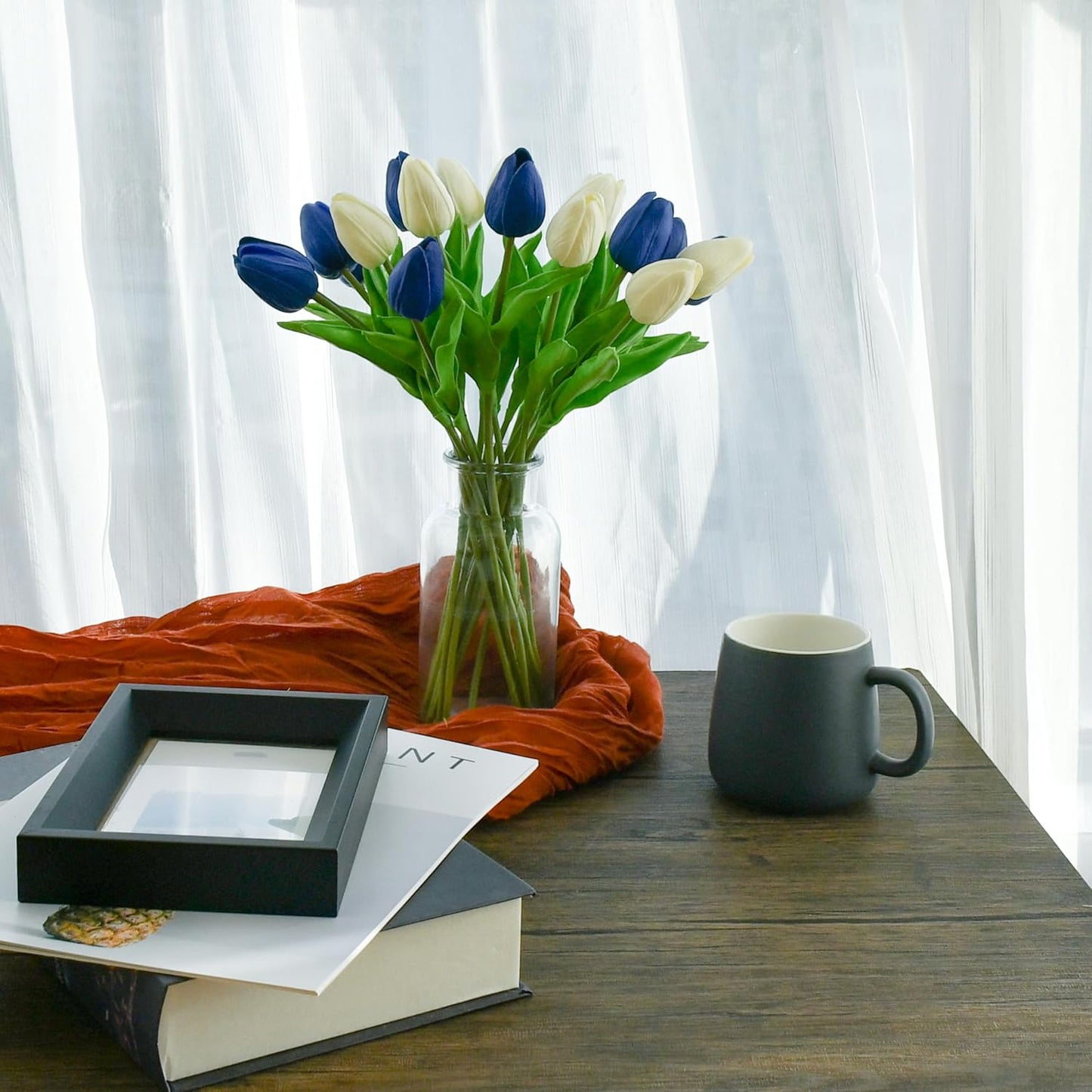 Mandy's Artificial Tulips 20 Stems Blue and White PU Faux Flowers for Wedding Home Decor 13.5 Inch