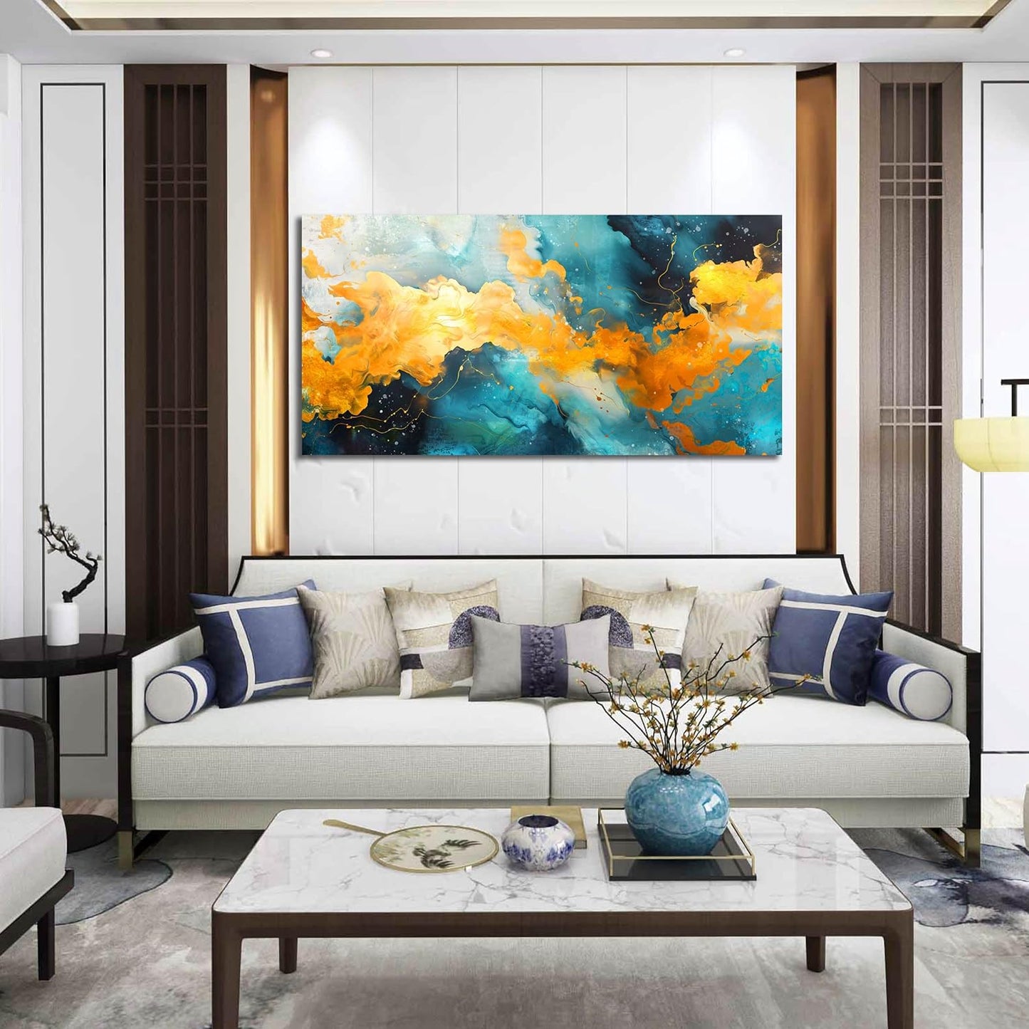 LAOTOART Colorful Abstract Canvas Art - Teal and Yellow Wall Art Living Room - Girls Bedroom Wall Decor Size 24" x 48"