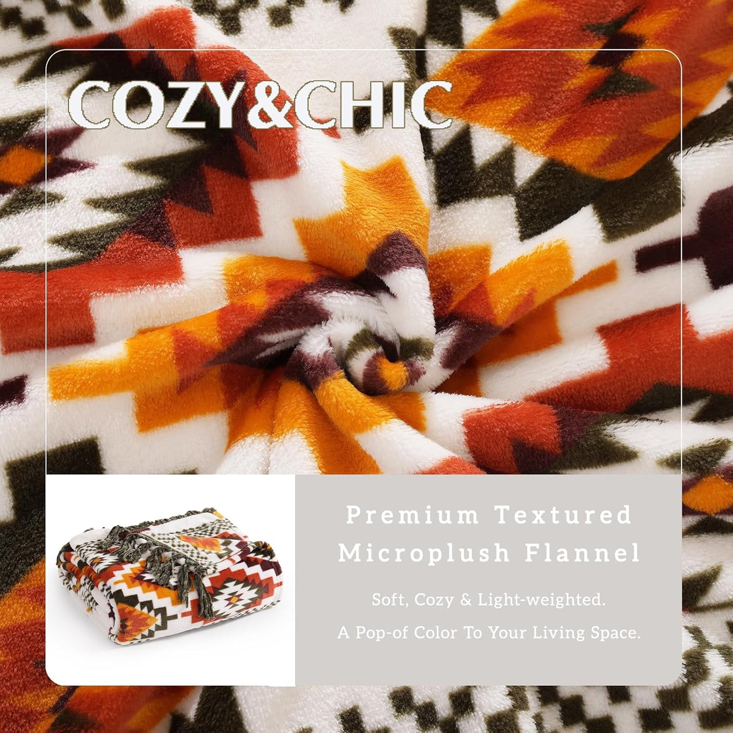 CASAAGUSTO Boho Throw Blanket - Orange and Green Decorative Blankets with Tassel, Printed Flannel Bohemian Blanket for Chair, Bed, Sofa, Couch(60 * 80, Orange and Green)