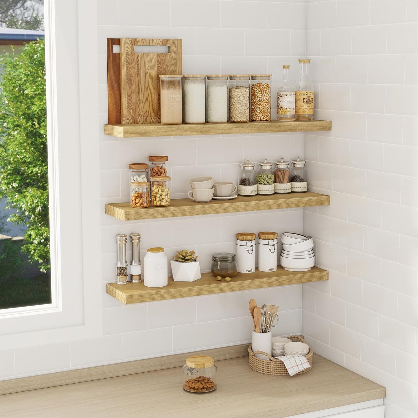 Fun Memories 32 Inch Floating Shelves Wall Shelf Set of 3, Rustic Farmhouse Home Decor Kitchen Living Room Shelves Wall Mounted, 32 x 6.7 x 1.4 Inch, Oak Color