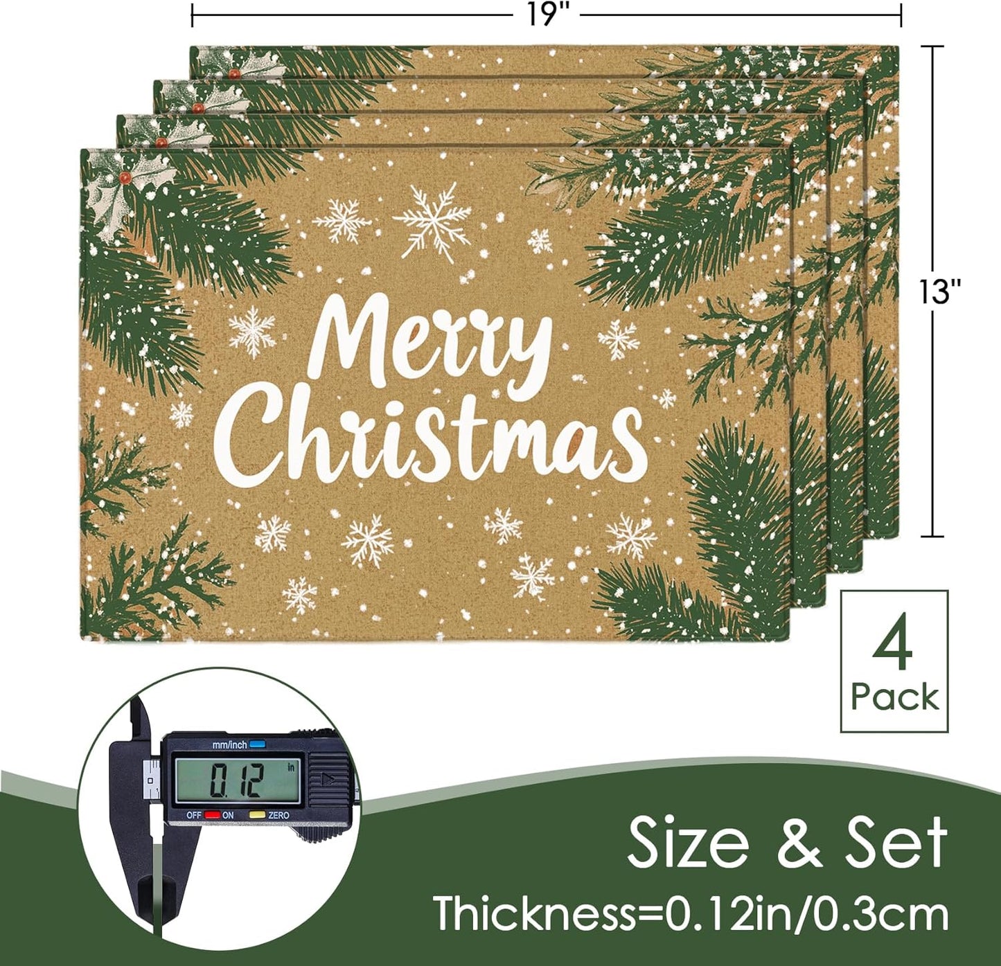 MANSPHIL Brown Christmas Placemats Set of 4 - Farmhouse Snowflake Cotton Faux Linen Cloth Place Mats Heat Resistant Washable Table Mats for Dining Kitchen - 13x19 Inch