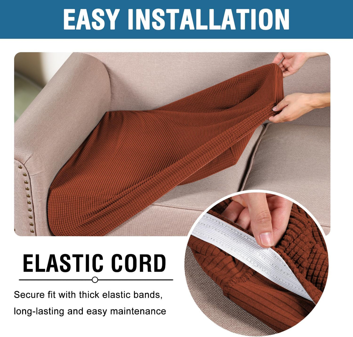 H.VERSAILTEX Super Stretch Individual Seat Cushion Covers Sofa Covers Couch Cushion Covers Slipcover Sets Thick Jacquard Textured Twill Fabric (2 Piece Medium Sofa Cushion Covers, Rust)