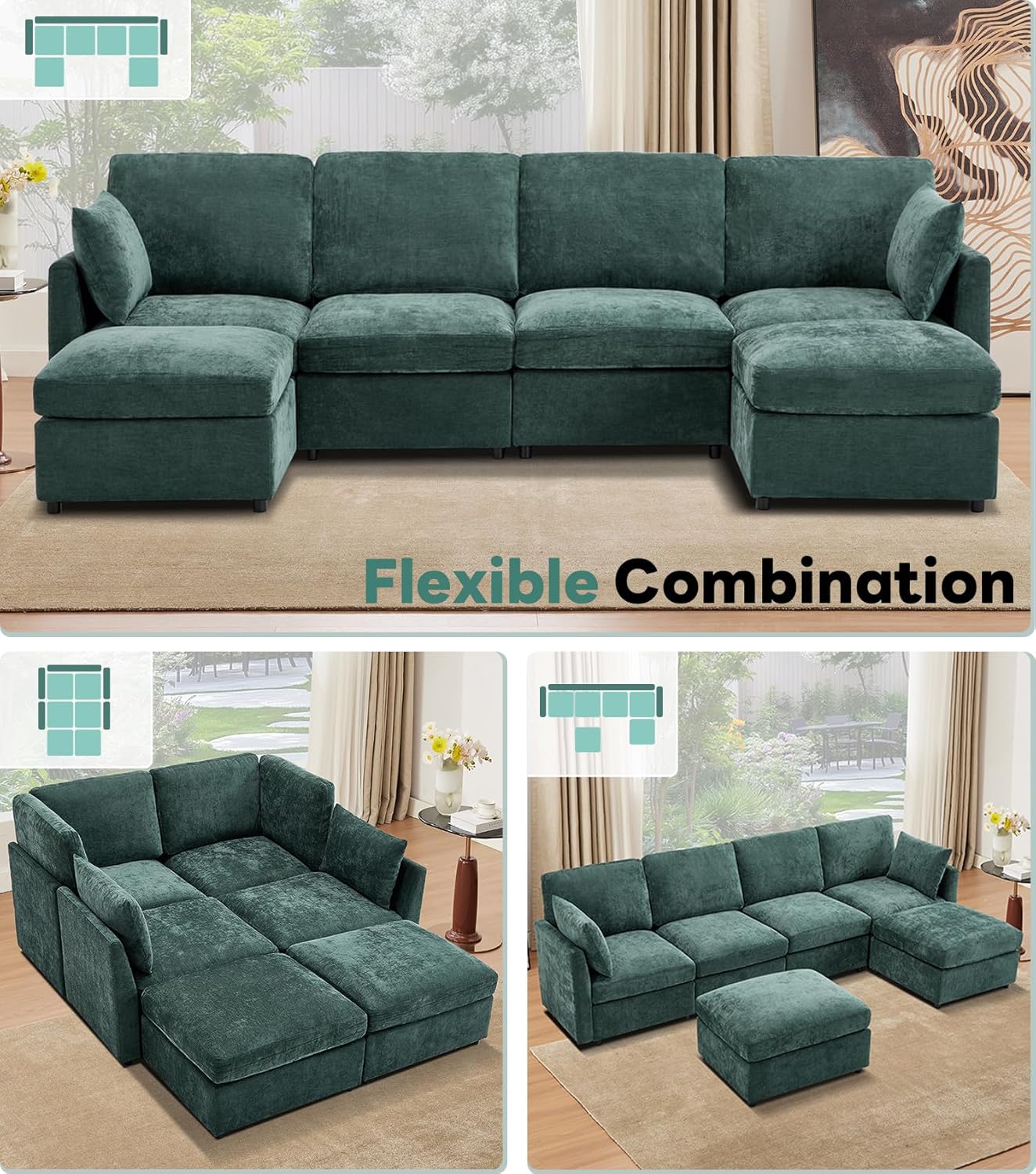 Tbfit Modular Sectional Couch, Sofa for Living Room,Chenille Cloud Couch with Ottoman 6 Seat, Green