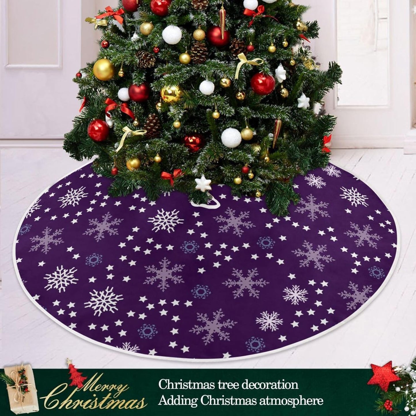 Christmas Purple Snowflakes Tree Skirt, Seasonal Tree Mat Holiday Party Supplies Ornaments Indoor Outdoor Decorations for Tabletop Trees 47.2 Inches