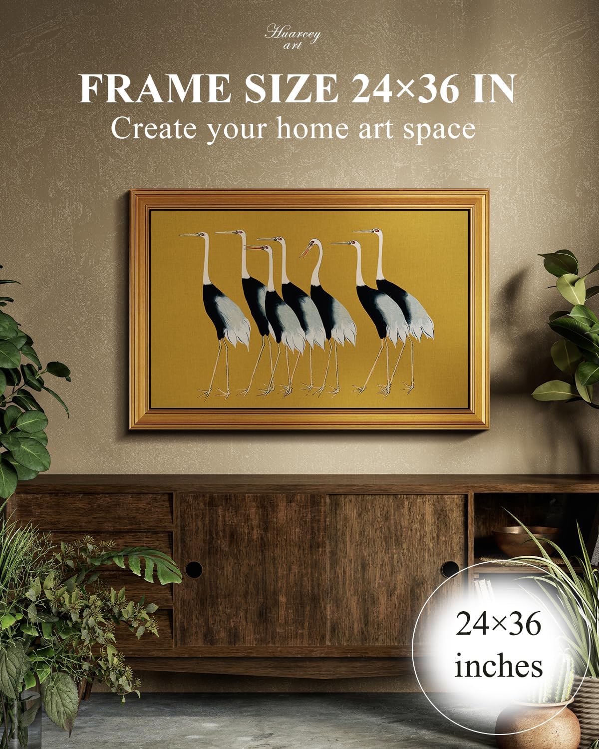 HUARCEY Gold Framed Vintage Wall Art for Living Room, Animals Painting Prints Large Decor for Kitchen, Aesthetic Bedroom Wall Art Decor, Christmas Gifts for Friends or Family (Seven Cranes 24"x36")