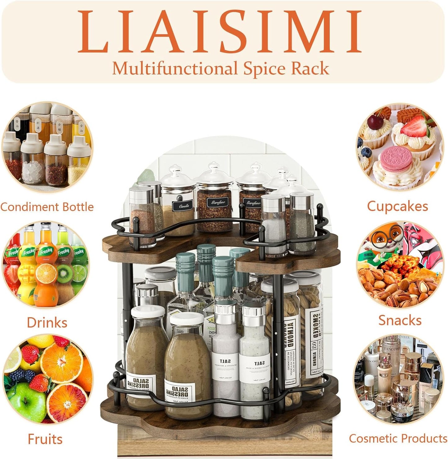 2 Tier Lazy Susan Organizer,2-Tier Spinning Spice Rack with Stable Carousel Base & 4 Height Settings for Cupboard Kitchen Countertop Dining Table Cupboard (Petal Shape)