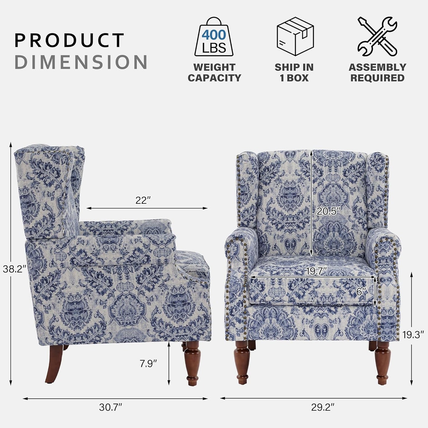 Lumibee Wingback Accent Chair,High Back Floral Armchairs in Fabric,Comfy Upholstered Reading Single Sofa Chair with Solid Wood Legs for Living Room,Bedroom,Office-Navy