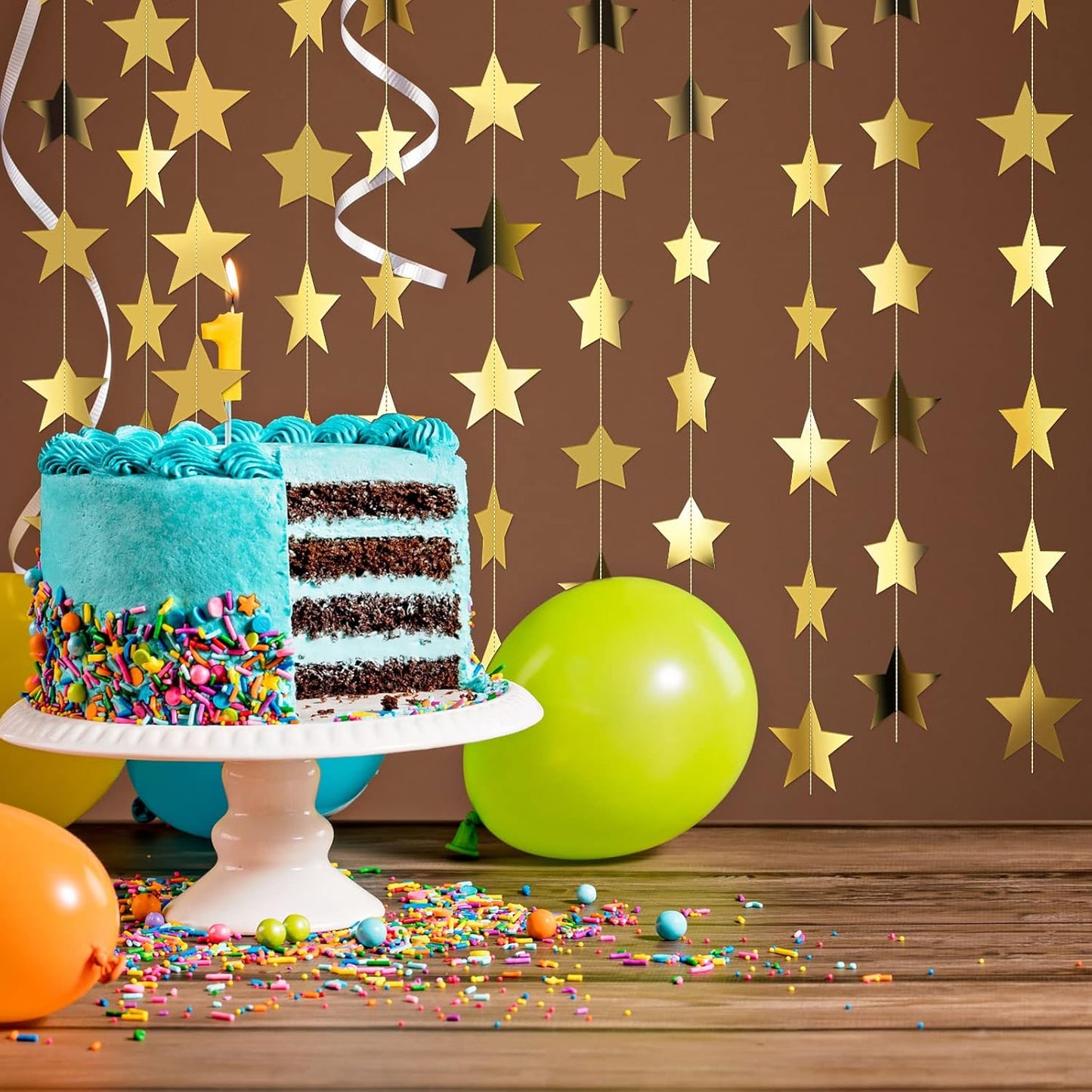 Patelai Glitter Star Garland Banner Decor 130 Feet Star Hanging Bunting Banner Twinkle Backdrop for Homecoming Classroom Wedding Birthday Halloween Christmas Party Supplies(Gold)