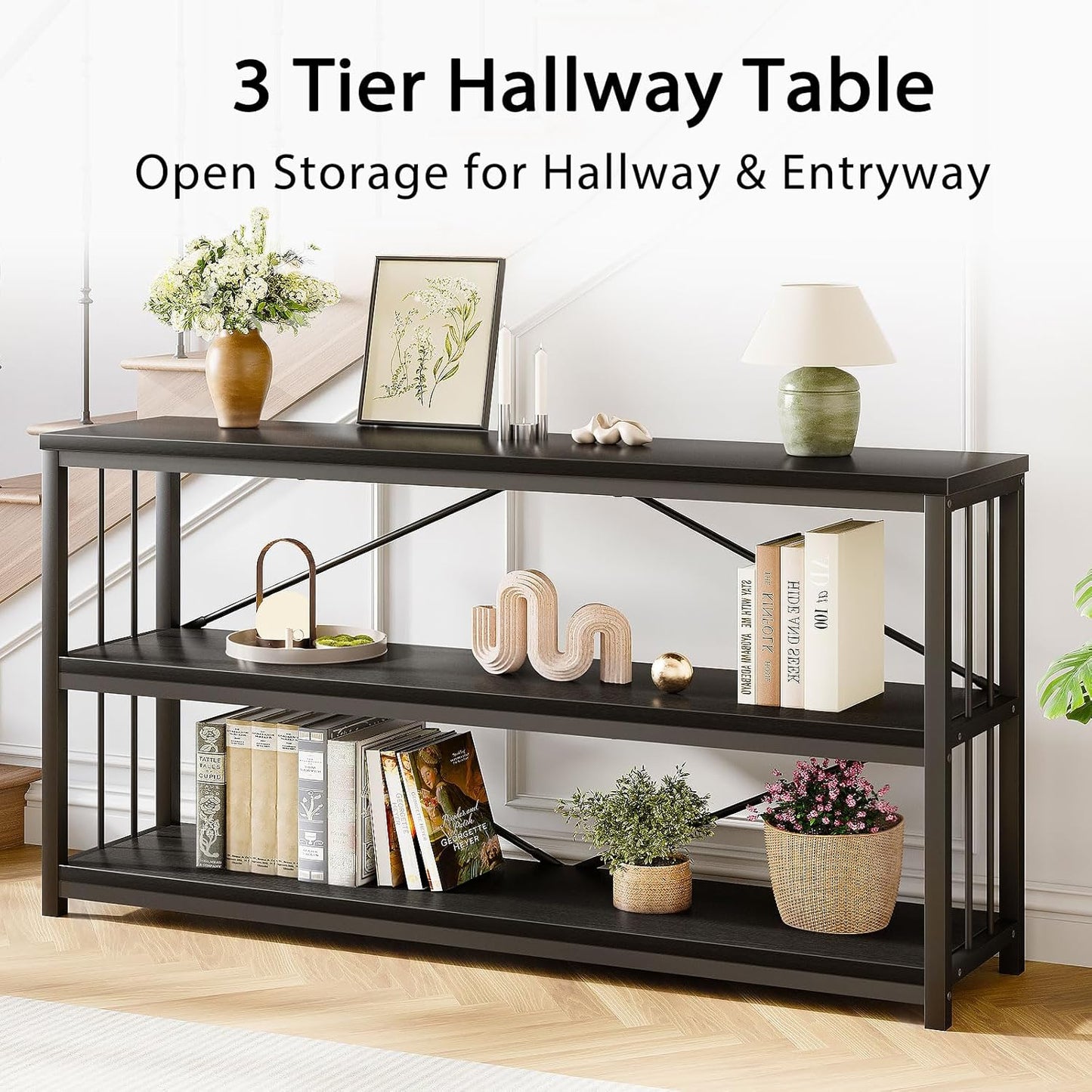 LVB Black Entryway Table, Modern Narrow Console for Hallway, Industrial Farmhouse Foyer Table with Storage Shelves, 63 Inch