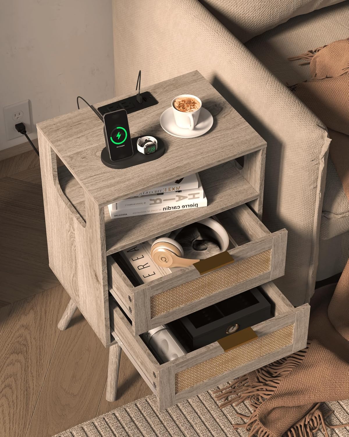 Rattan Nightstand with Charging Station,Modern Bedside Table with 2 Storage Drawer and Open Wood Shelf, for Bedroom and Small Spaces,Night Stand with Solid Wood Legs (Grey Oak)