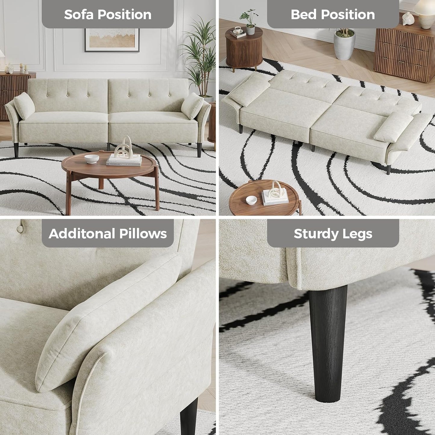 89” Futon Sofa Bed, Comfy Futon Couch Bed with 2 Square Pillows, Convertible Sleeper Sofa with Adjustable Backrest& Armrests, Modern Loveseat Sleeper for Living Room, Bedroom, White