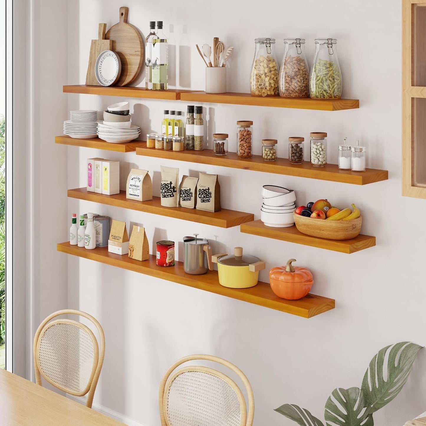 Fun Memories 55 Inches Floating Shelves - 8 Inch Deep Rustic Solid Pine Wood Wall Shelves for Storage - Farmhouse Wall Mounted for Living Room - Heavy-Duty Metal Bracket - 55" W x 8" D - Honey