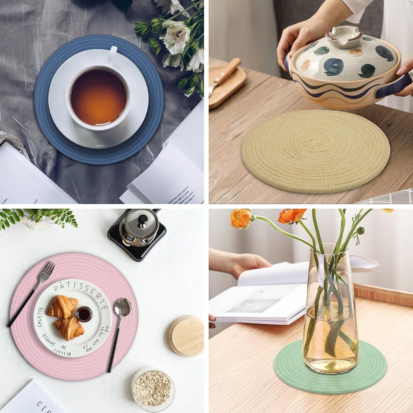 Round Placemats Set of 6, Cotton Rope Woven Table Mats, Hot Pads for Kitchen, Non Slip Heat Resistant Place Mats, 13 Inches Braided Placemat for Farmhouse Decor and Kitchen Table Decor (Khaki)