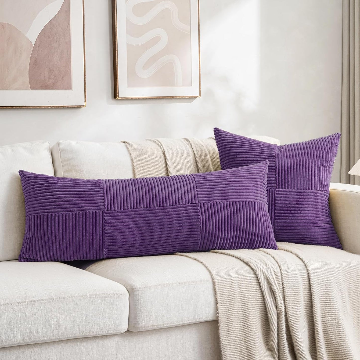 Fancy Homi 2 Packs Purple Big Decorative Throw Pillow Covers 24x24 Inch for Living Room Couch Bed, Farmhouse Boho Home Decor, Soft Corss Corduroy Patchwork Accent Square Cushion Case 60x60 cm