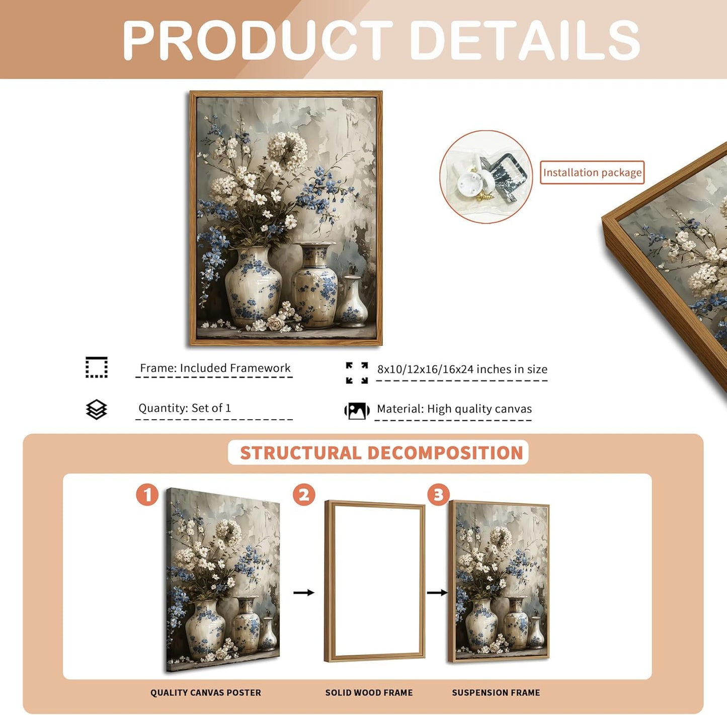 Floating Framed Farmhouse Floral Canvas Wall Art, Vintage Blue and White Flower Pictures Wall Decor, Elegant Art Jar Posters Print for Living Room Bedroom Bathroom Rustic Decor 12x16 inch