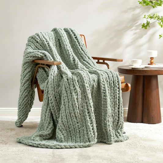 Amélie Home Chunky Knit Throw Blanket for Couch, Soft Chenille Crochet Blanket for Sofa, 50"x60", Sage Green