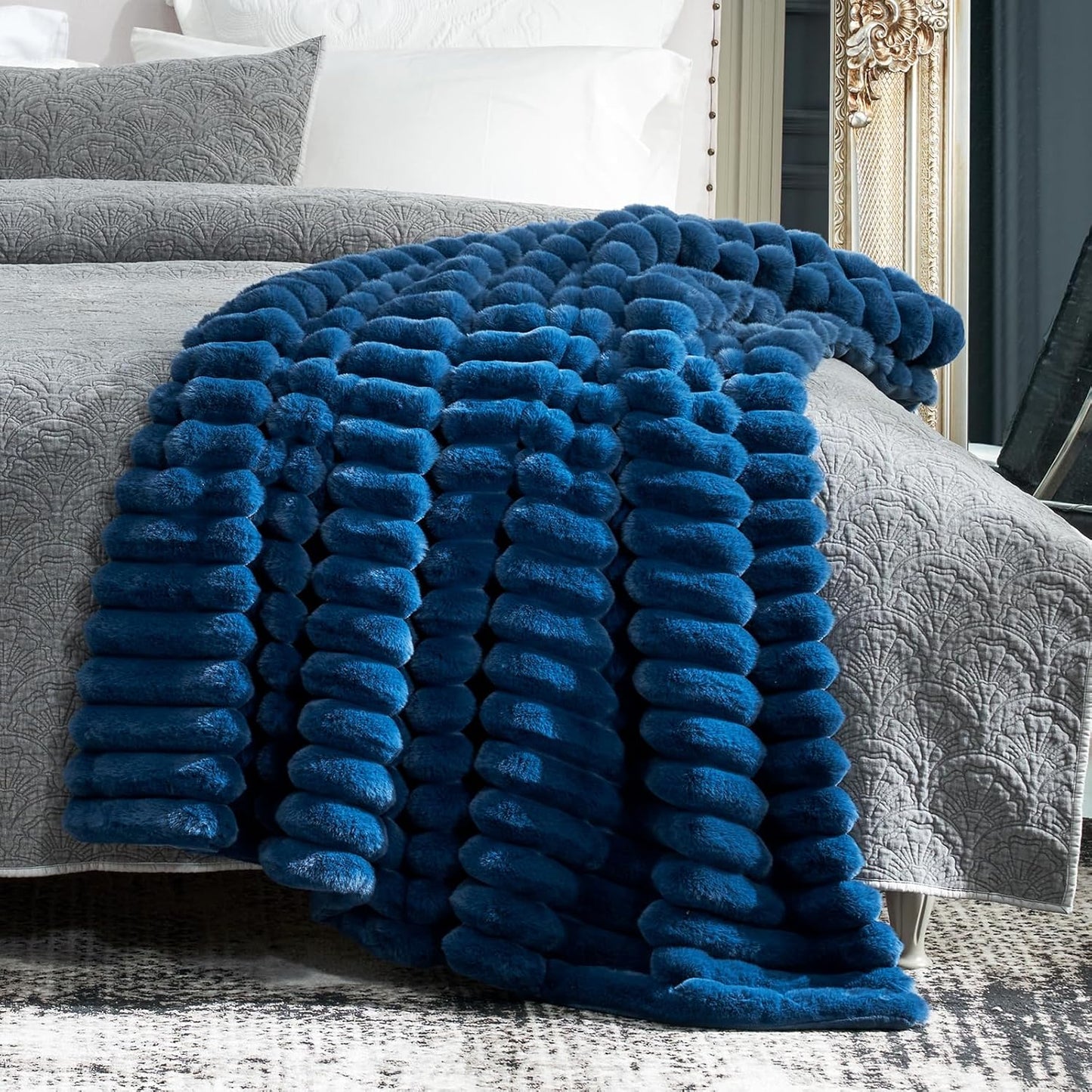 Cozy Bliss Faux Fur Throw Blanket for Couch, Cozy Warm Plush Striped Blanket for Sofa Bedroom Living Room,60 * 80 Inches Navy Blue
