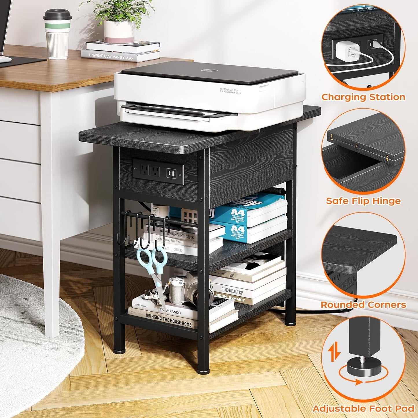 End Table with Charging Station, Flip Top Nightstand with USB Ports and Outlets,Couch Side Table with Fabric Bag and Hooks, Bedside Table for Space Saving, Living Room, Bedroom (Black)