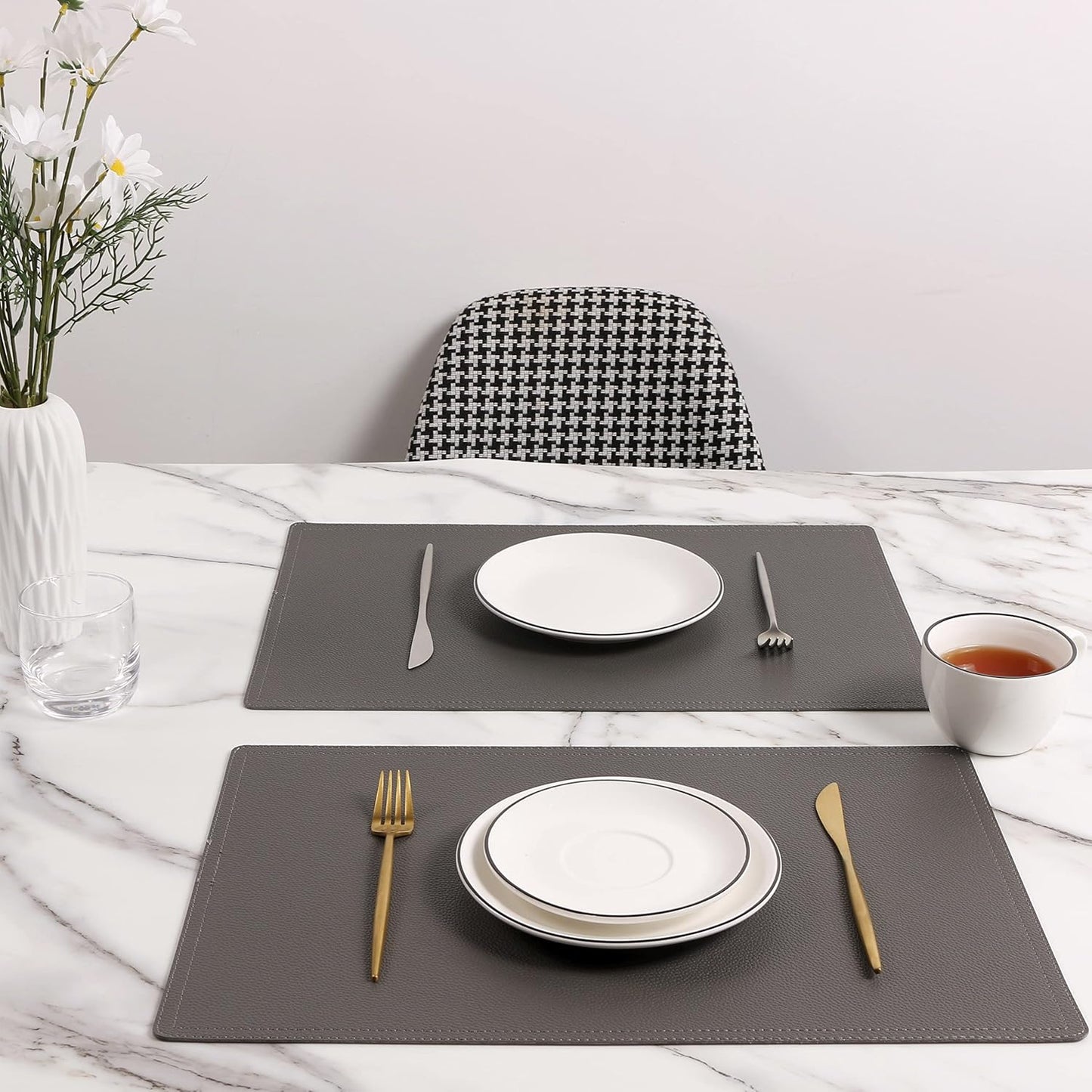 Set of 6 Faux Leather Placemats, PU Table Mats, Waterproof, Stain Resistant, Heat Resistant, Non-Slip Easy to Clean for Kitchen Dining Table,Conference Table C Grey Rectangle