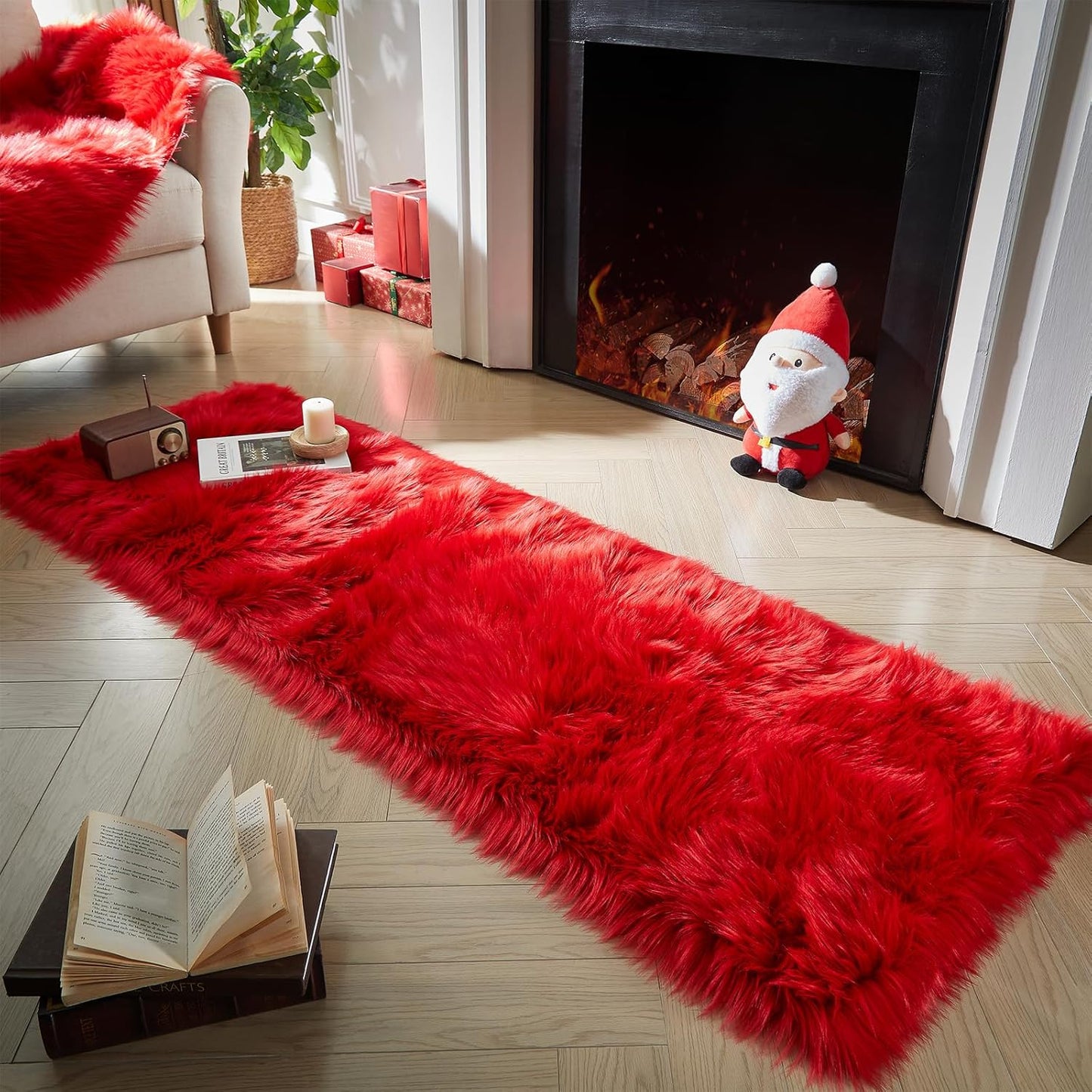 AMTOVO Faux Fur Rug, Red Ultra Soft Fluffy Shag Sheepskin Rug, 2 x 6 ft Runner Area Rugs for Bedroom Sofa Throw Cushion Room Decor, Rectangle