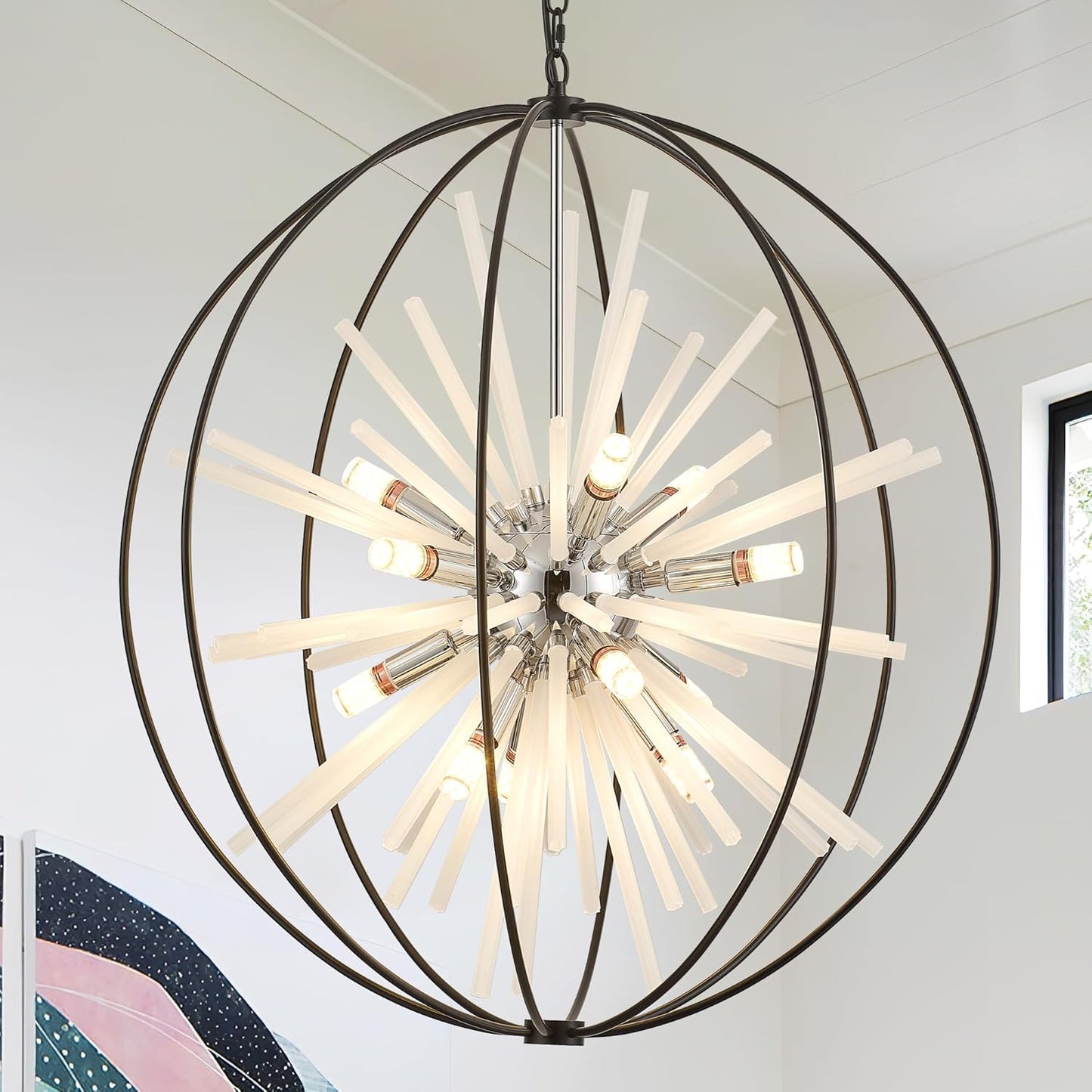 31.5" Black Chrome 16-Light Globe Sputnik Chandelier Modern Adjustable Hanging Ceiling Glass Tube Pendant Light Fixture for Entryway Foyer Stairway Dining Living Room Hallway