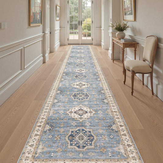 Washable 3x20 Runner Rug - Area Rugs Neutral Vintage Distressed Floral Farmhouse Boho Large Soft Floor Rug Indoor Carpet for Hallway Entryway Home - Blue