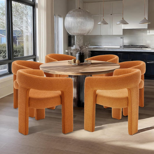 Orange Sherpa Dining Chairs Set of 6, Modern Barrel Dining Room Chairs Upholstered Faux Fur Accent Chair with Arms and Round Back for Living Room Kitchen Armchair No Assembly Needed