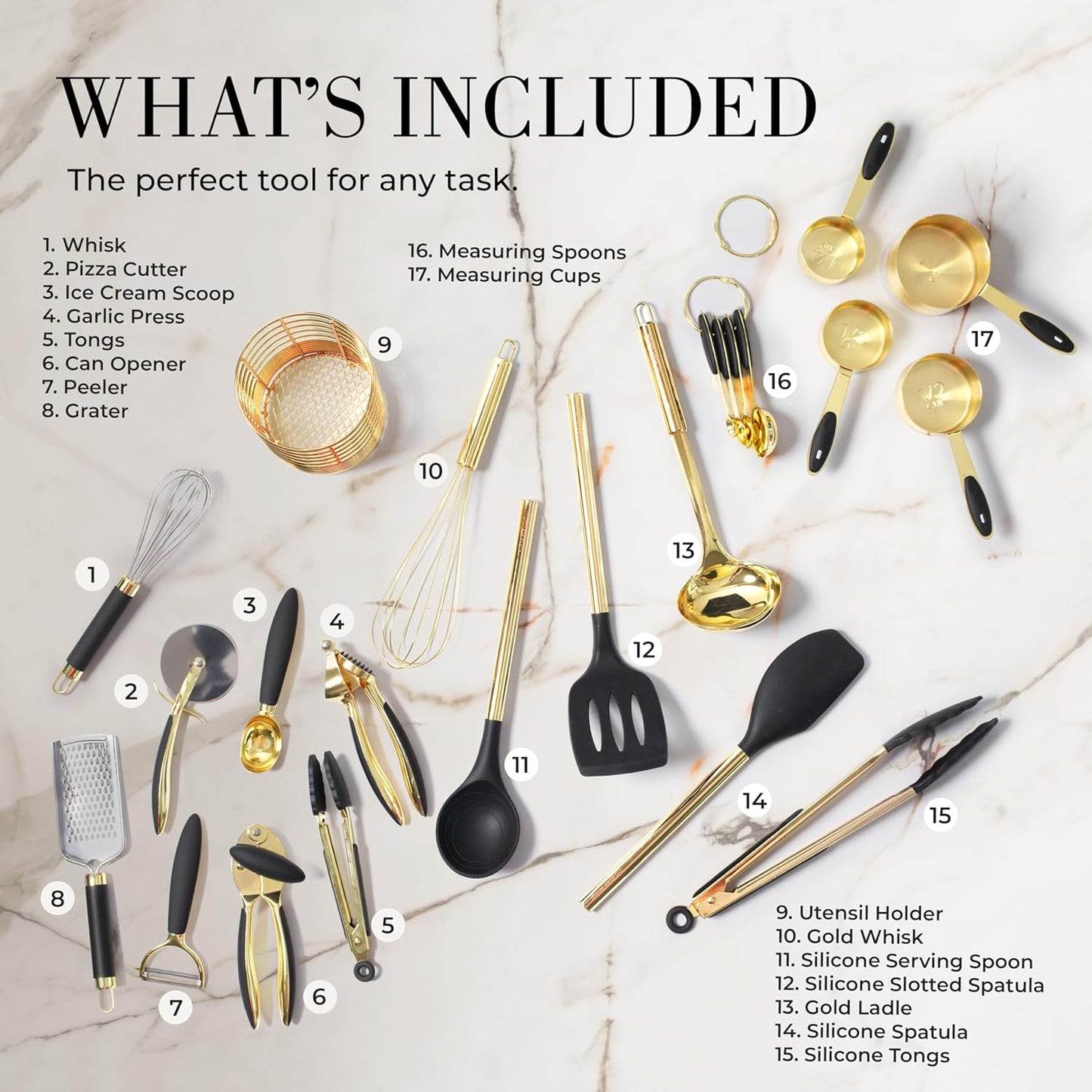 Black and Gold Kitchen Utensils Set - 23-Piece Luxury Kitchen Accessories Includes Gold Measuring Cups, Spoons, Silicone Cooking Utensils and Tools for Baking, Cooking, and Stylish Kitchen Decor